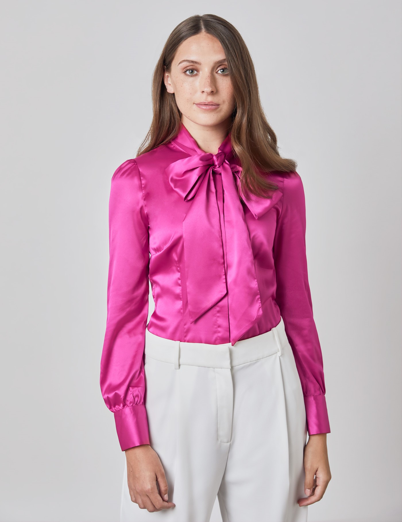 Plain Satin Womens Fitted Blouse With Single Cuff And Pussy Bow In