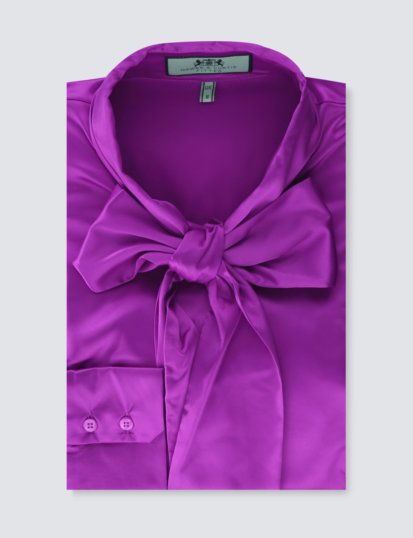 Plain Satin Womens Fitted Blouse With Single Cuff And Pussy Bow In Bright Purple Hawes And Curtis 3759