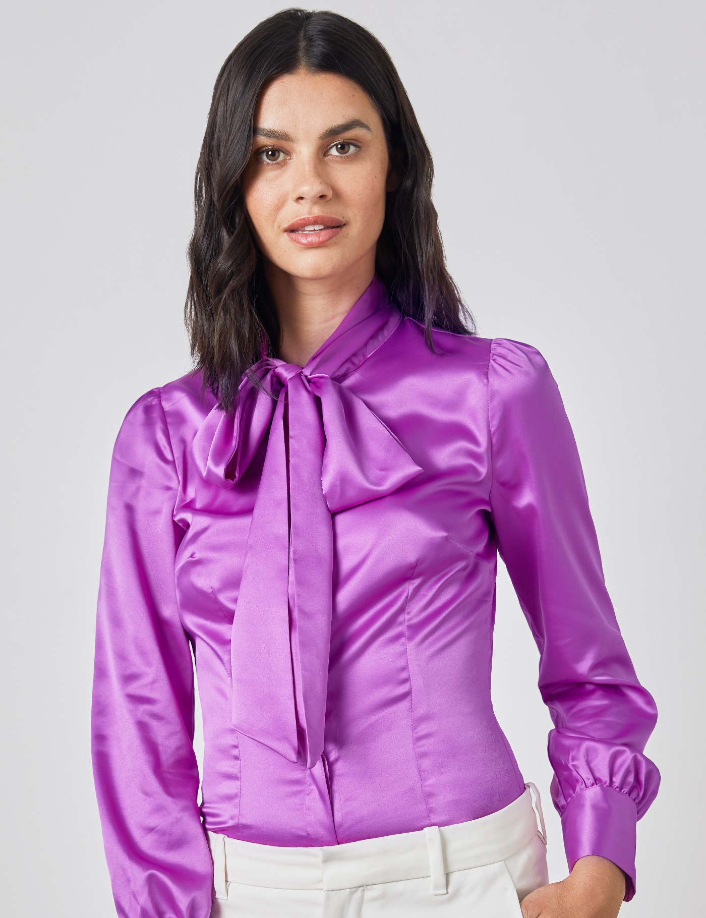 Plain Satin Womens Fitted Blouse With Single Cuff And Pussy Bow In Bright Purple Hawes And Curtis