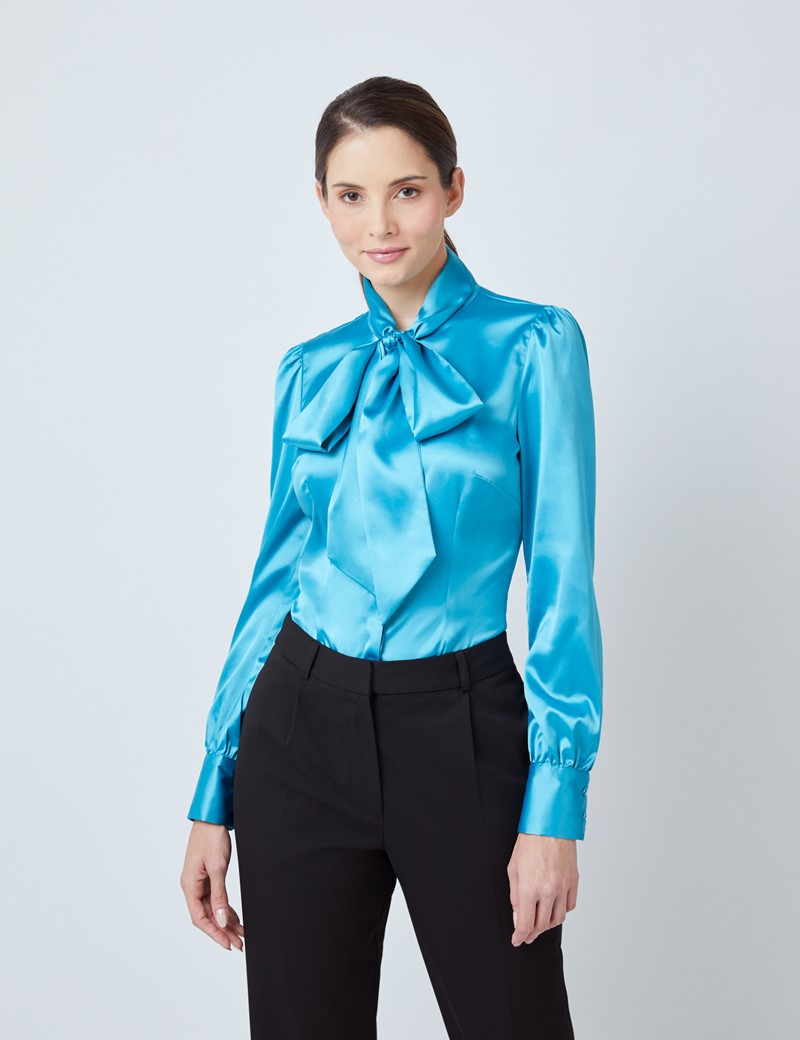 Women's Marine Fitted Satin Blouse - Single Cuff - Pussy Bow