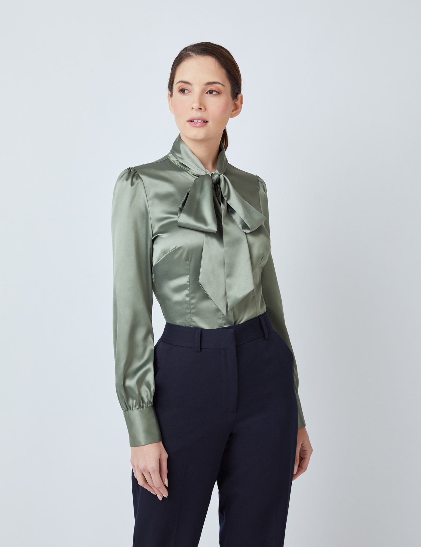 Satin Women S Fitted Blouse With Single Cuff And Pussy Bow In Olive