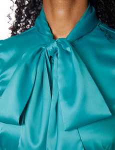 Women's Aqua Fitted Luxury Satin Blouse - Pussy Bow 