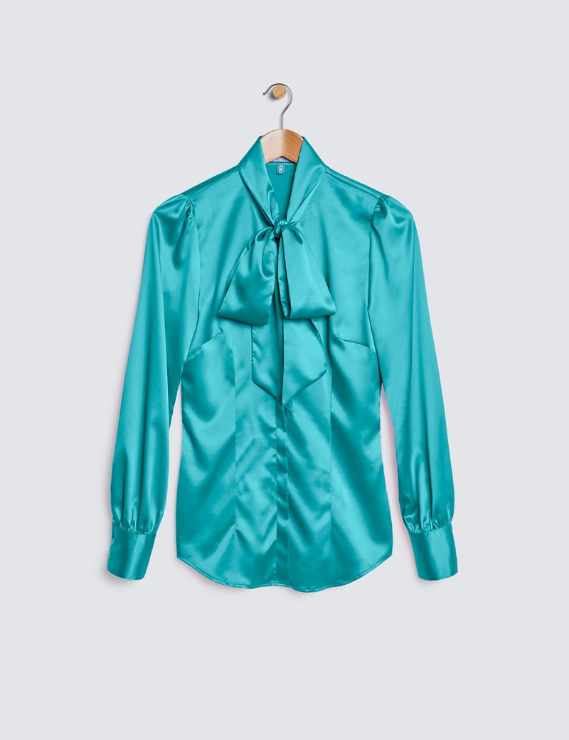 Women's Aqua Fitted Luxury Satin Blouse - Pussy Bow 