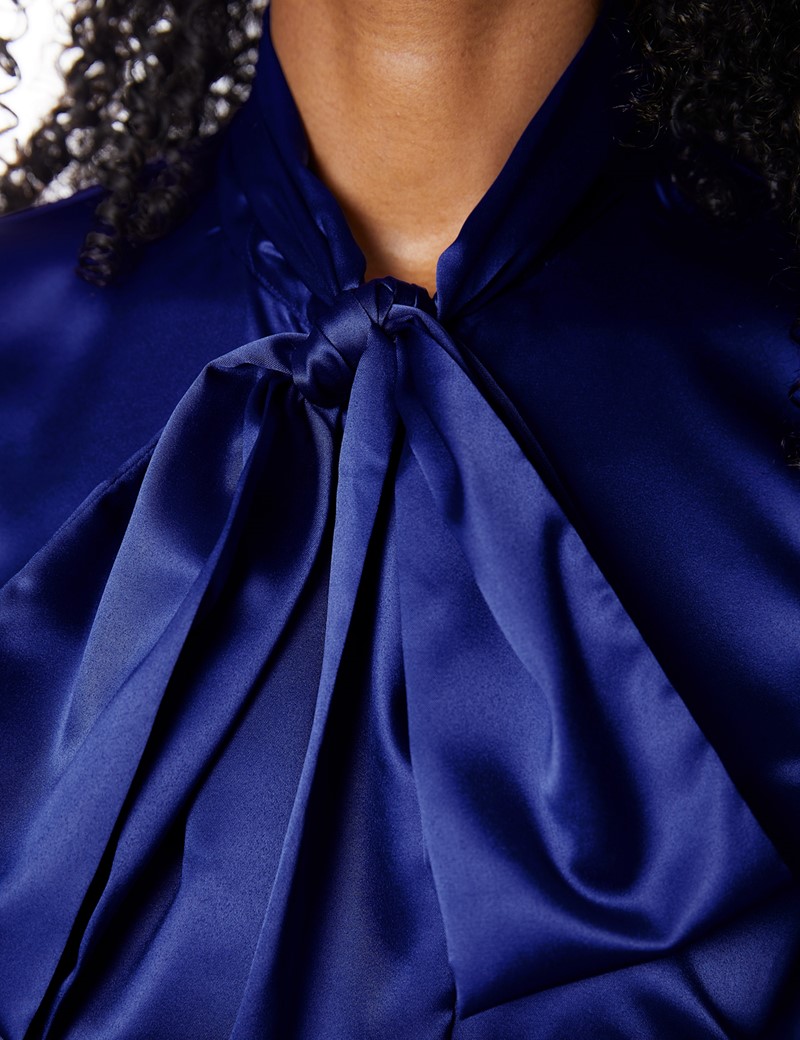Women's Royal Blue Fitted Luxury Satin Blouse - Pussy Bow 