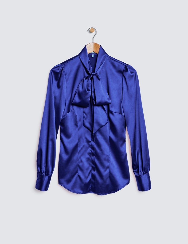 Women's Royal Blue Fitted Luxury Satin Blouse - Pussy Bow 