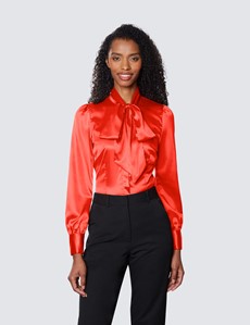 Women's Paprika Fitted Luxury Satin Blouse - Pussy Bow 