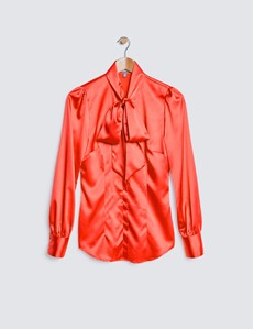 Women's Paprika Fitted Luxury Satin Blouse - Pussy Bow 