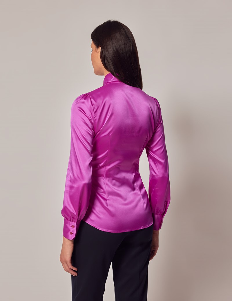 Purple Fitted Luxury Satin Blouse - Pussybow | Hawes & Curtis
