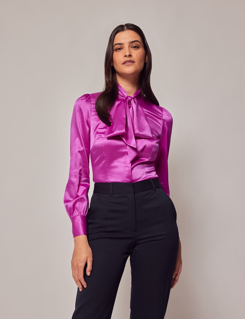 Purple Fitted Luxury Satin Blouse - Pussybow | Hawes & Curtis