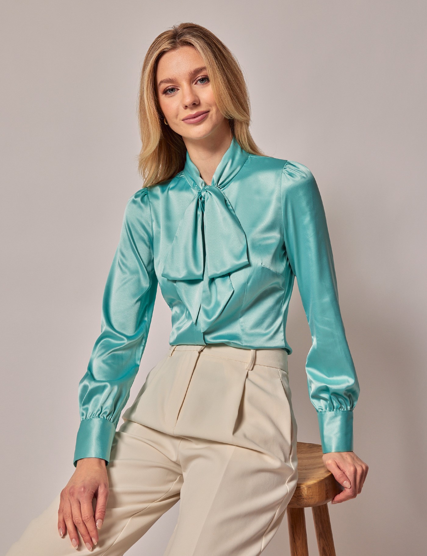 Aqua Blue Satin Pussybow Blouse