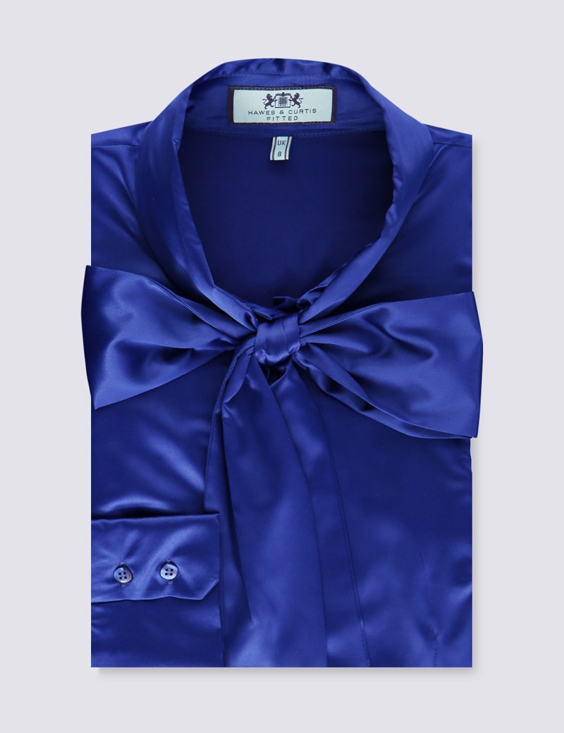 Women S Blue Fitted Luxury Satin Blouse Pussy Bow Hawes And Curtis