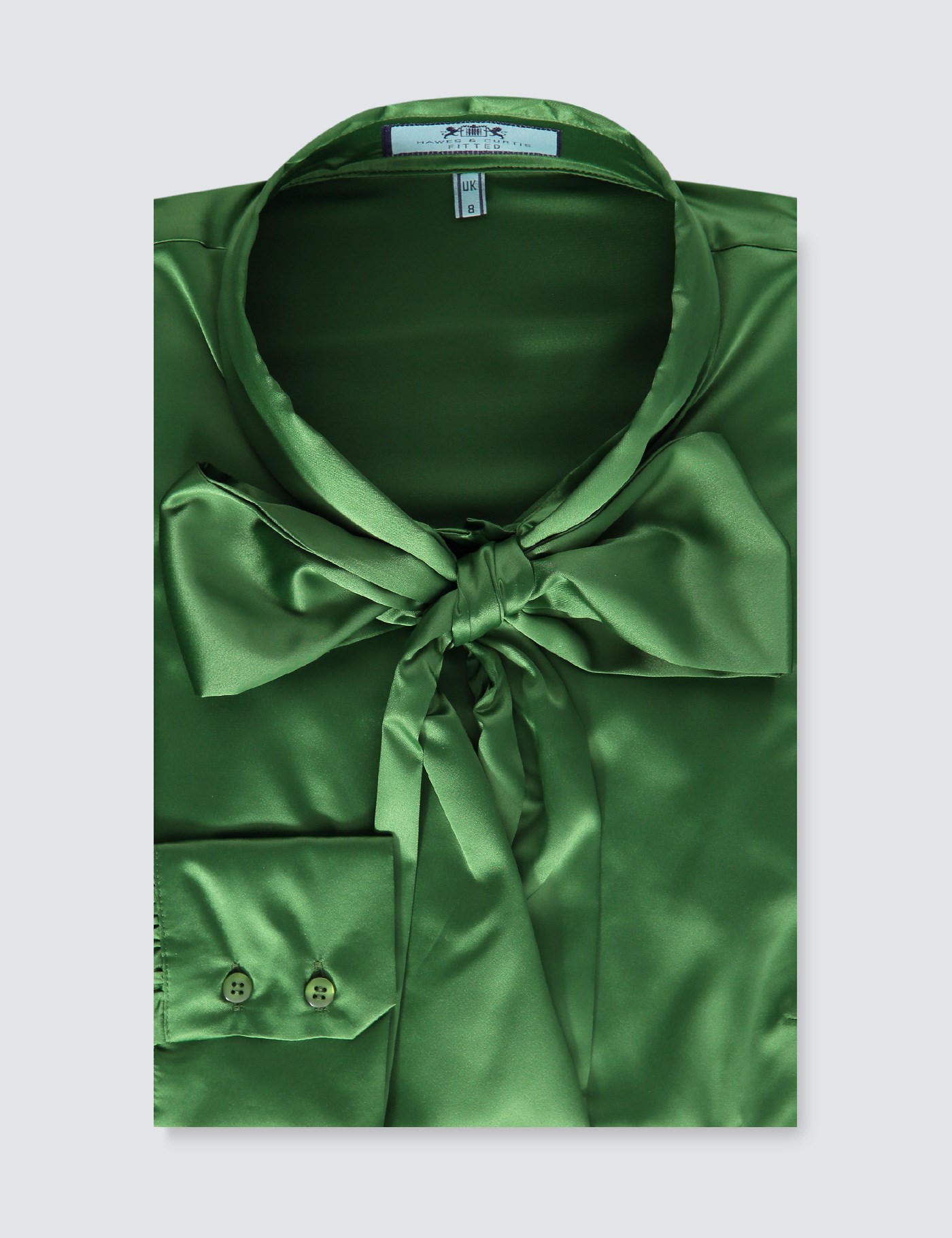 Women S Cactus Green Fitted Luxury Satin Blouse Pussy Bow Hawes And Curtis