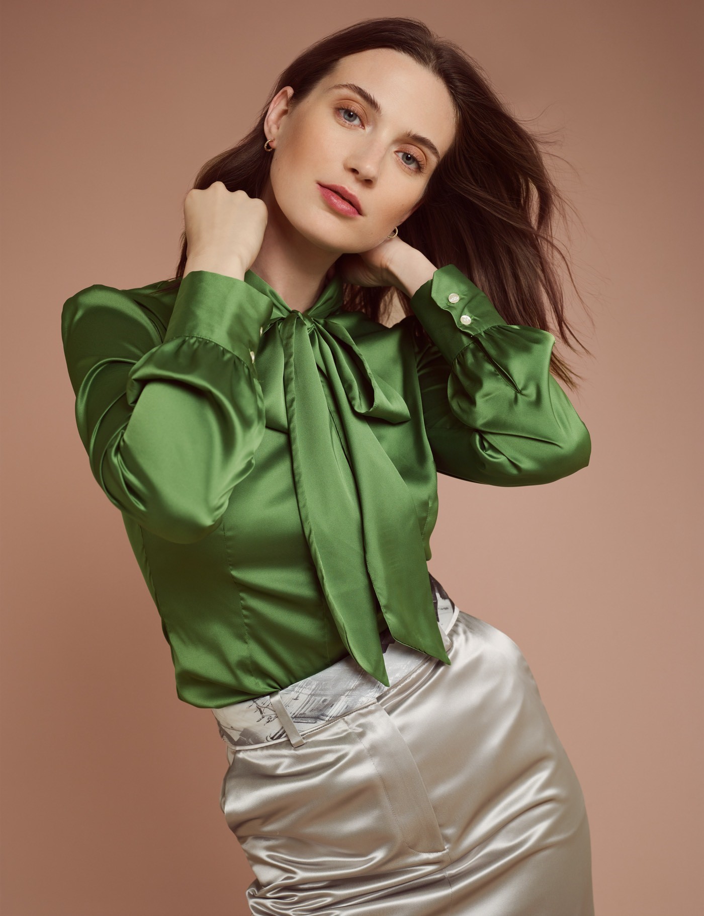 Womens Cactus Green Fitted Luxury Satin Blouse Pussy Bow Hawes