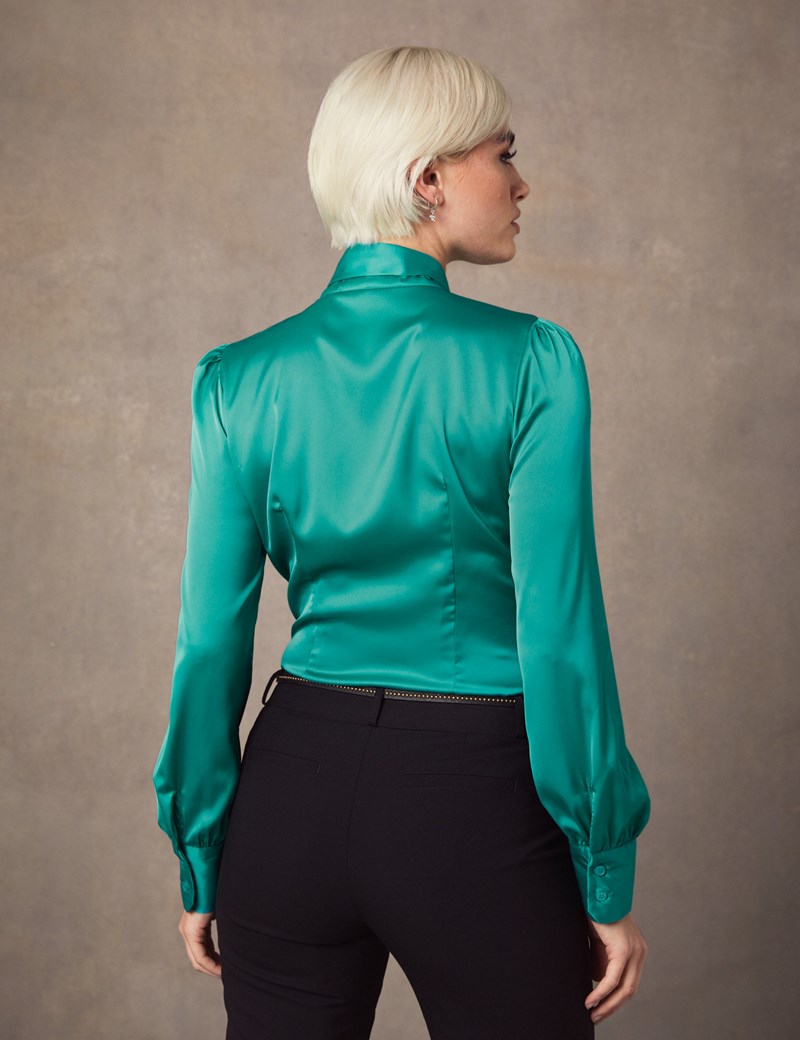 Womens Peacock Green Fitted Luxury Satin Blouse Pussy Bow Hawes 