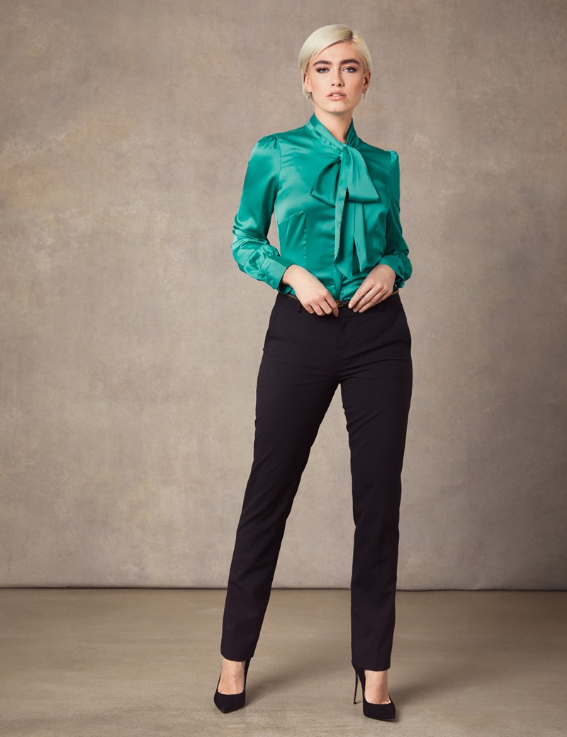 Womens Peacock Green Fitted Luxury Satin Blouse Pussy Bow Hawes And Curtis 0951