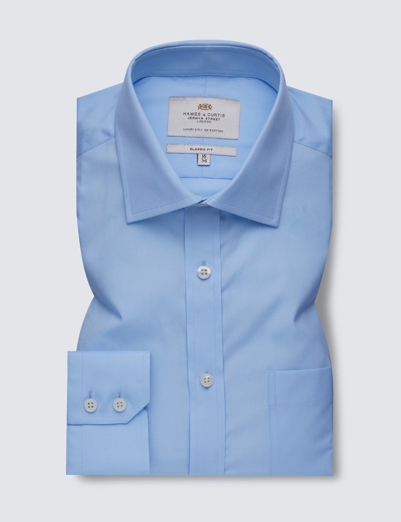 Easy Iron Blue Poplin Classic Fit Shirt with Chest Pocket - Single Cuffs