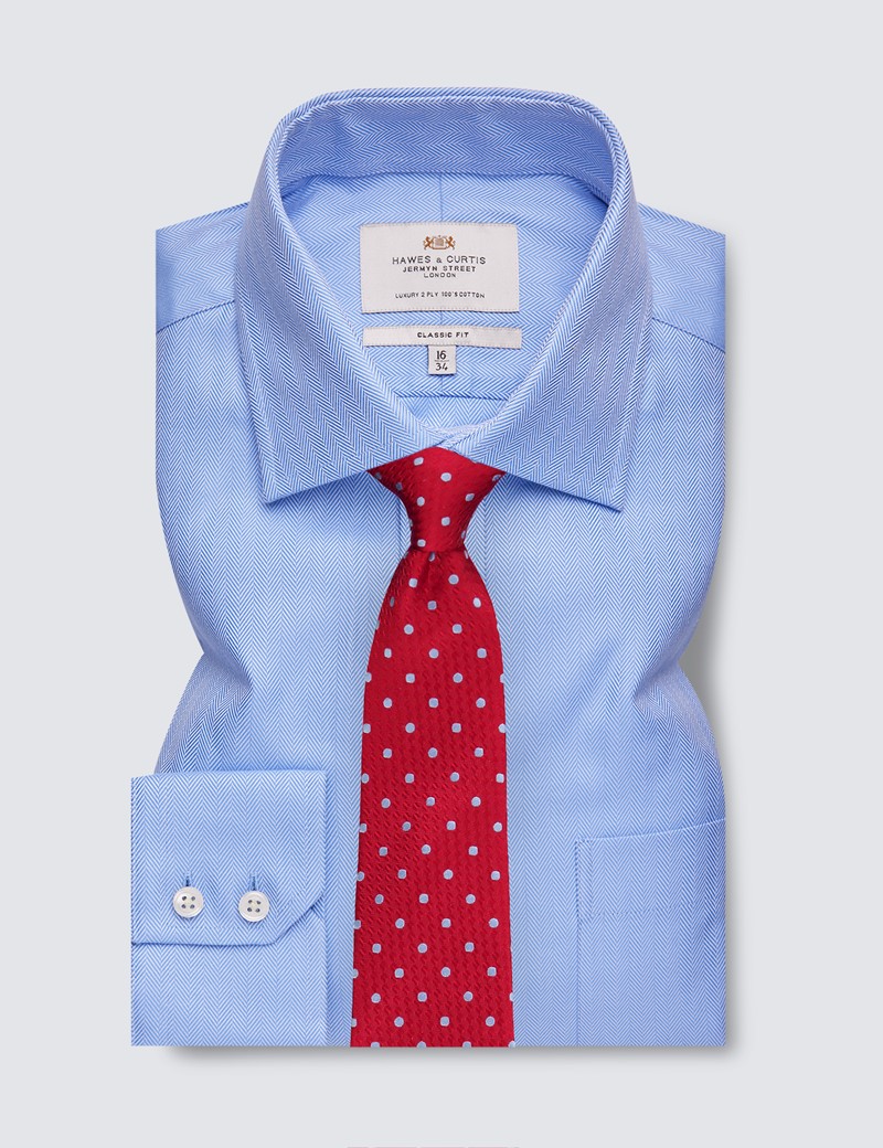 Blue Herringbone Classic Fit Shirt with Chest Pocket - Single Cuffs