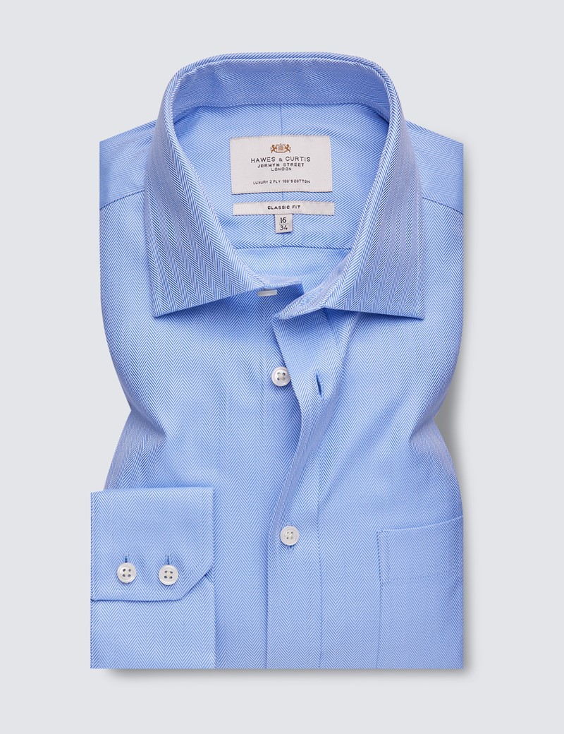 Blue Herringbone Classic Fit Shirt with Chest Pocket - Single Cuffs