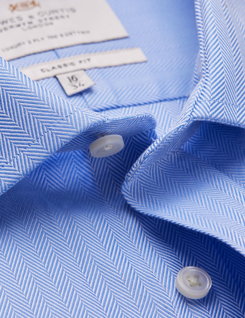 Easy Iron Blue Herringbone Classic Fit Shirt with Chest Pocket - Single Cuffs