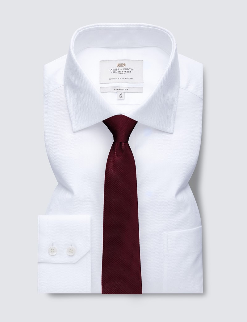 Easy Iron White Herringbone Classic Fit Shirt with Chest Pocket - Single Cuffs