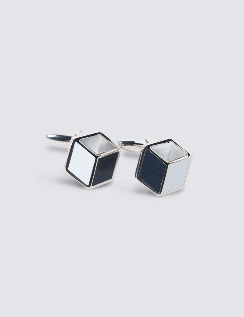 Men's Navy & Light Blue Geometric Cube Cufflinks Hawes & Curtis