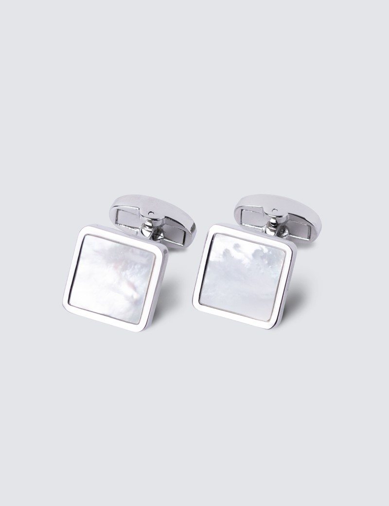 Men's Silver & Clear Square Mother Of Pearl Cufflinks