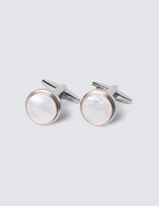 Men's Silver & Clear Round Mother Of Pearl Cufflinks 