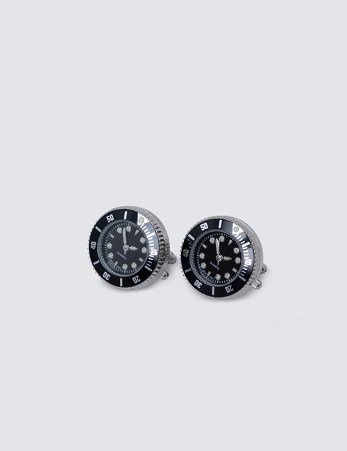 Außergewöhnliche Manschettenknöpfe – Versilbert – Uhr schwarz 