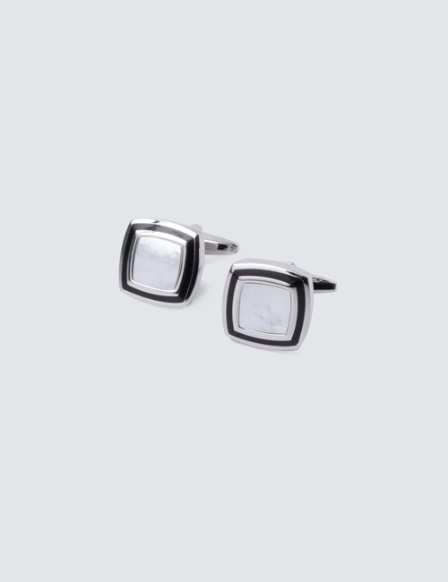 Men's Silver Cufflinks With Clear Mother Of Pearl Insert