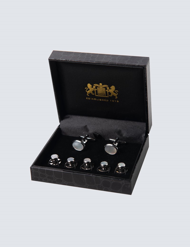 Mother of Pearl in Feather Face Octagon Setting Tuxedo Cufflinks and Studs 