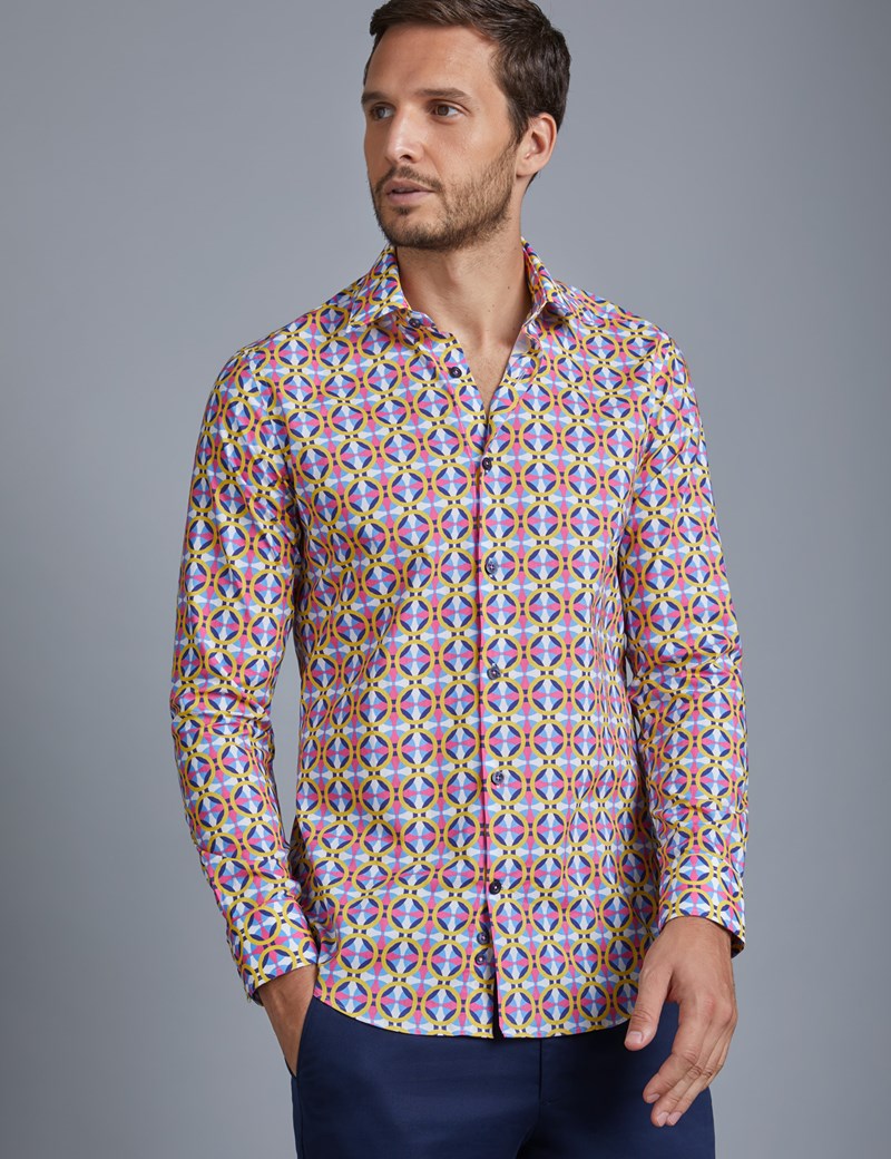 Men's Curtis Yellow & Pink Geometric Print Slim Fit Low Collar Shirt ...
