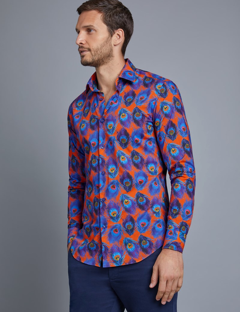 Men's Curtis Orange & Blue Peacock Print Slim Fit Smart Casual Shirt ...