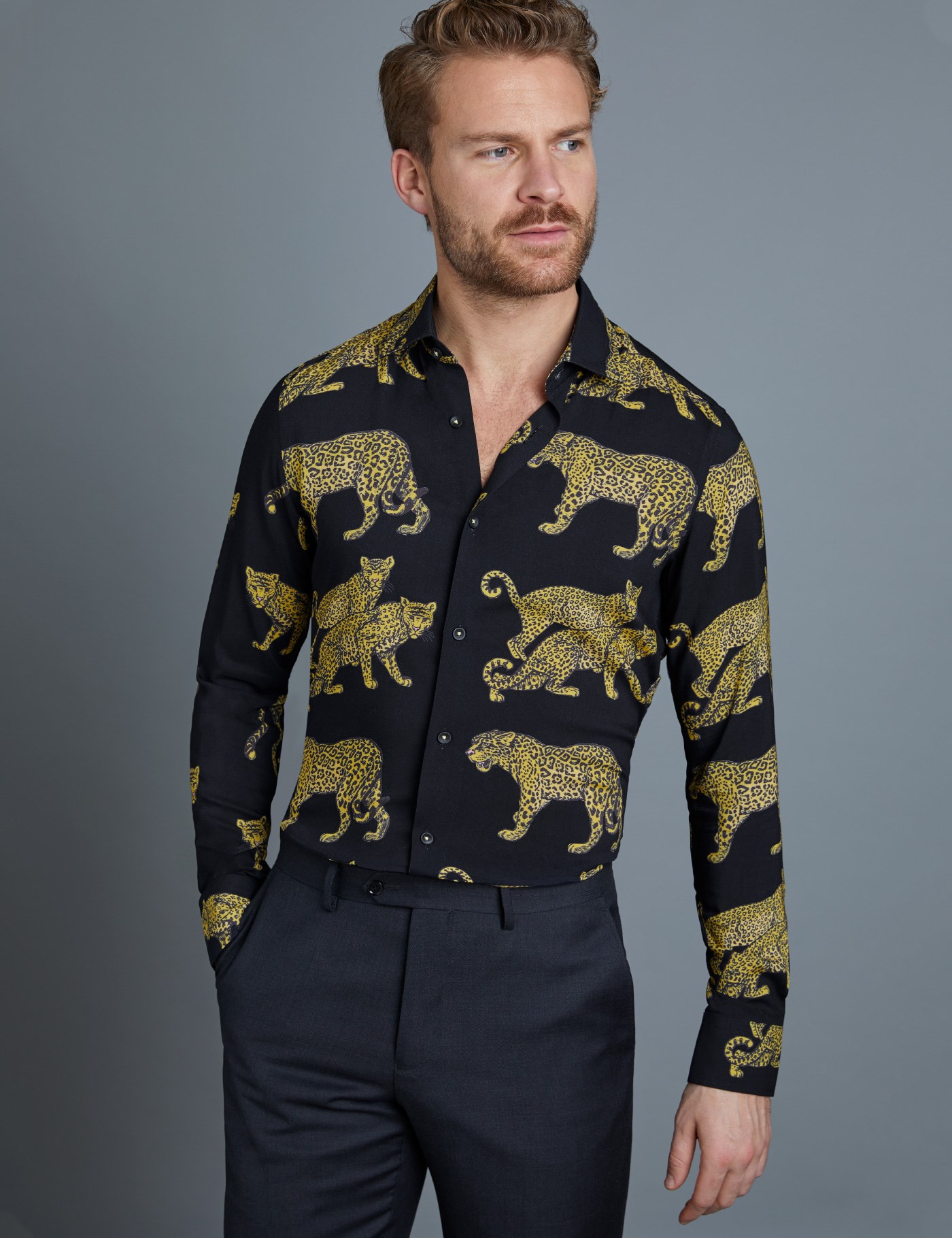 Men's Curtis Black & Yellow Cheetah Print Slim Fit Shirt – Single Cuffs ...