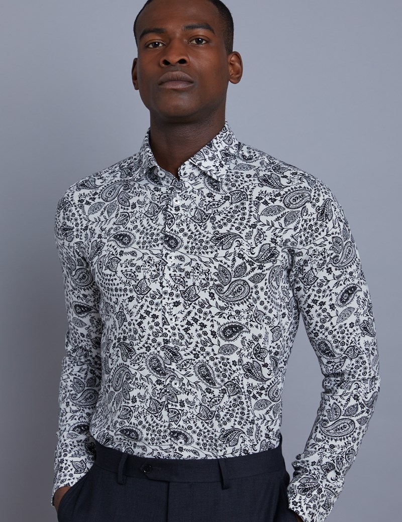 Men's Curtis Black & White Paisley Slim Fit Shirt - Single Cuff | Hawes ...