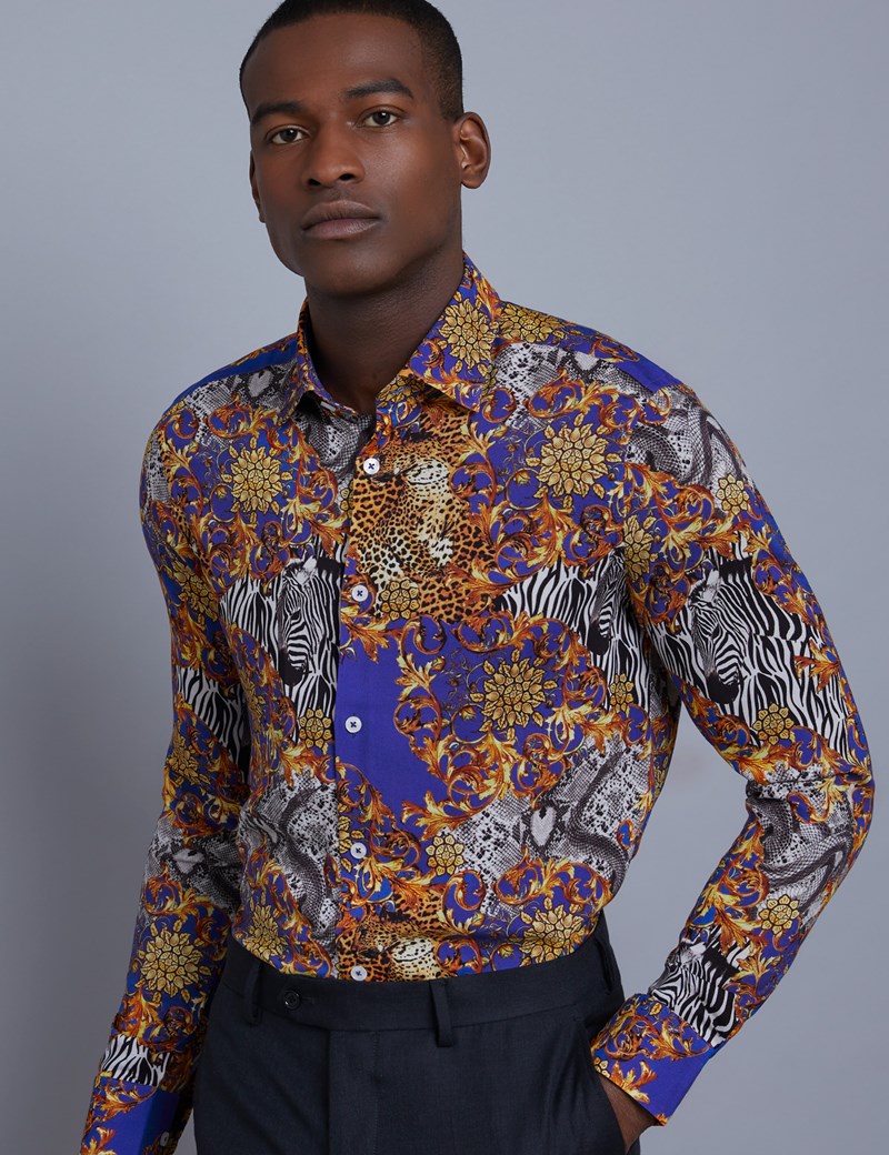 Men S Curtis Blue And Yellow Animal Print Slim Fit Shirt Single Cuff