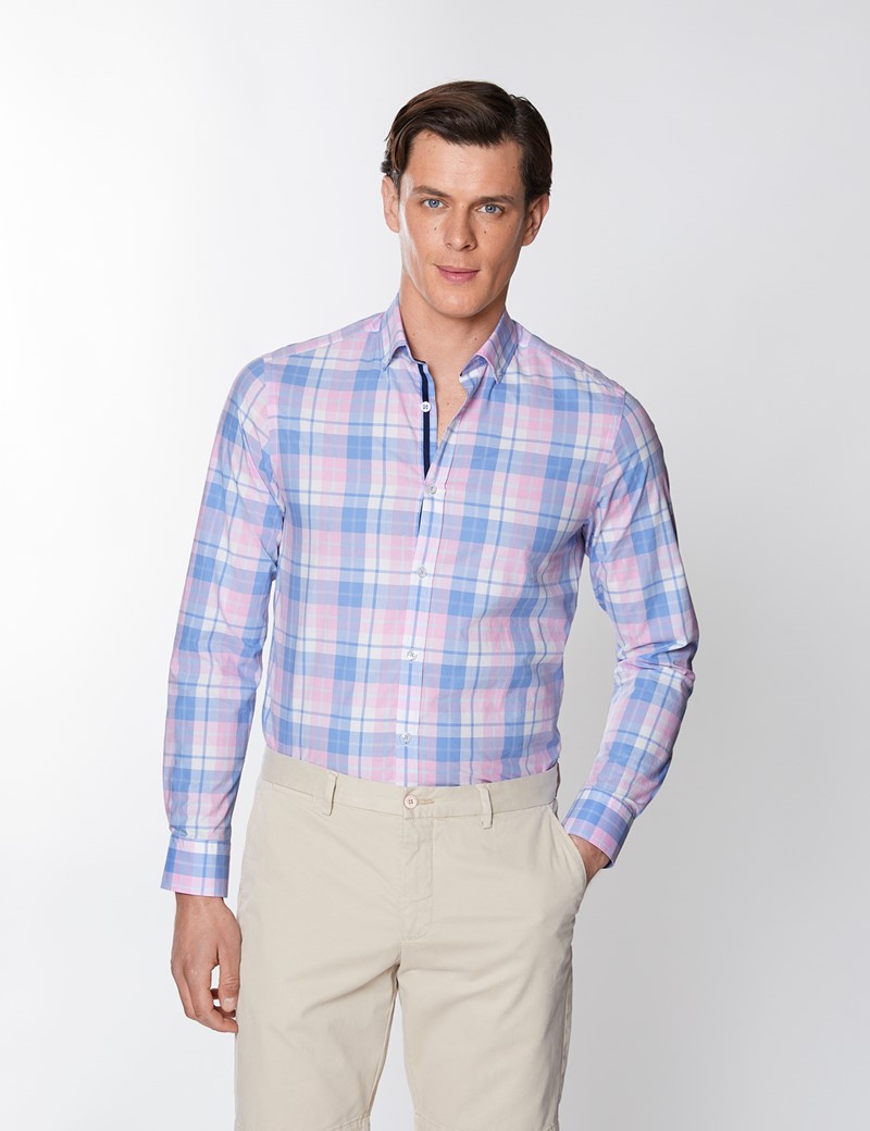 Washed Cotton Check Men's Relaxed Slim Fit Shirt in Blue & Pink | Hawes ...