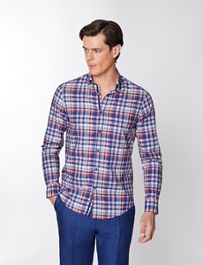 Men's Navy & Red Multi Check Washed Cotton Relaxed Slim Fit Shirt – Button Down Collar