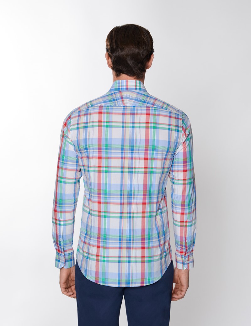 Washed Cotton Check Men's Relaxed Slim Fit Shirt in Blue & Green