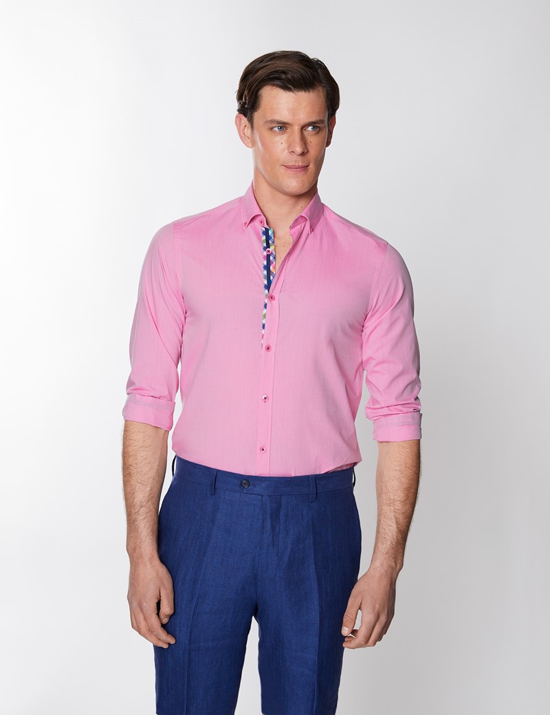 Washed Cotton Plain Men's Relaxed Slim Fit Shirt in Pink | Hawes & Curtis