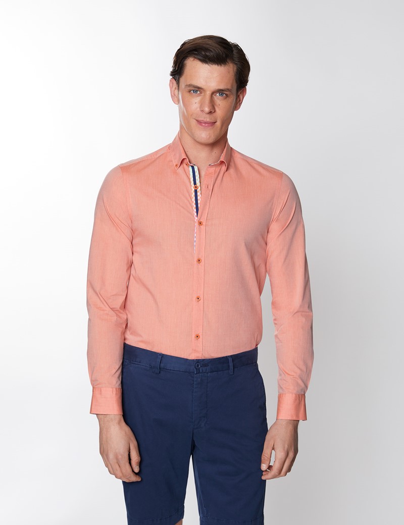 Men's Orange Plain Washed Cotton Relaxed Slim Fit Shirt – Button Down Collar
