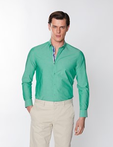 Men's Green Plain Washed Cotton Relaxed Slim Fit Shirt – Button Down Collar