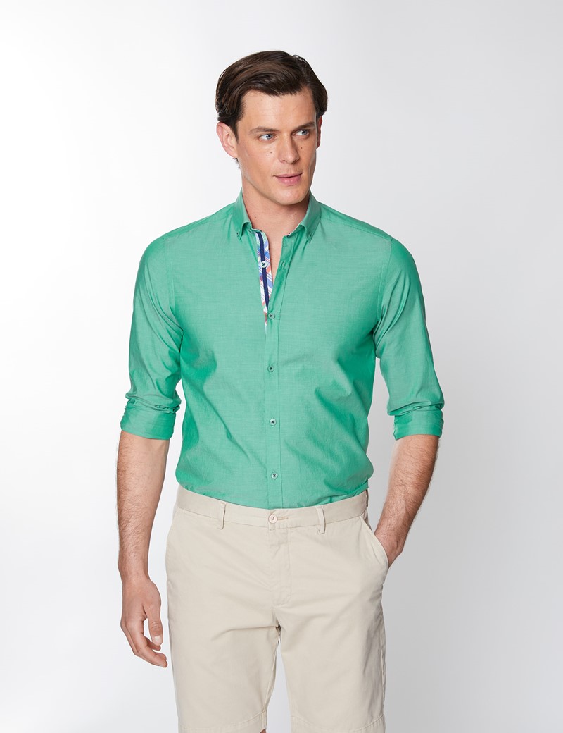 Washed Cotton Plain Men's Relaxed Slim Fit Shirt in Green | Hawes & Curtis