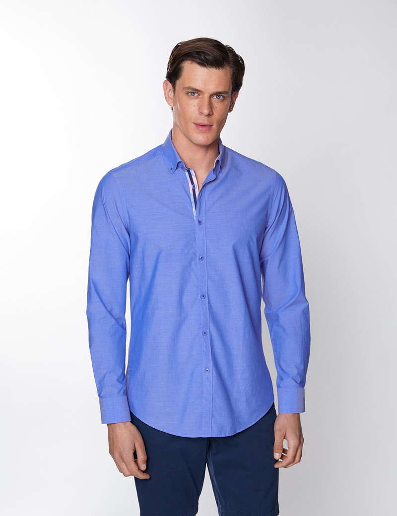 Washed Cotton Plain Men's Relaxed Slim Fit Shirt in Blue | Hawes & Curtis