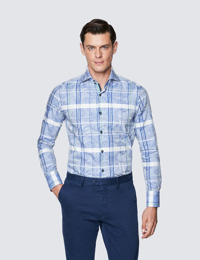 Men's Curtis Blue Check Cotton Shirt - High Collar
