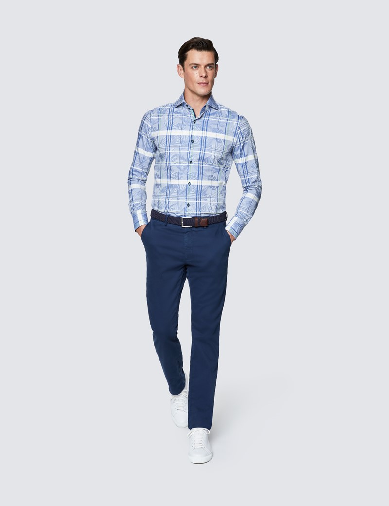 Men's Curtis Blue Check Cotton Shirt - High Collar