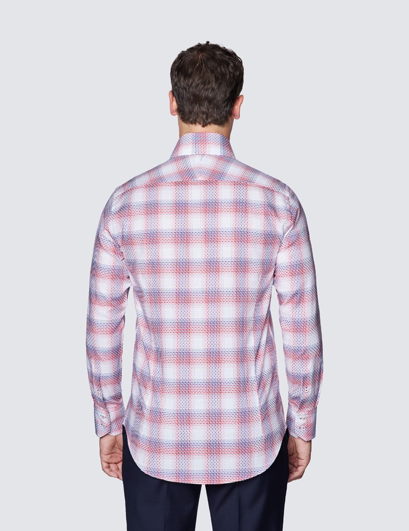 Men's Curtis Red & White York Dobby Check Cotton Shirt - High Collar