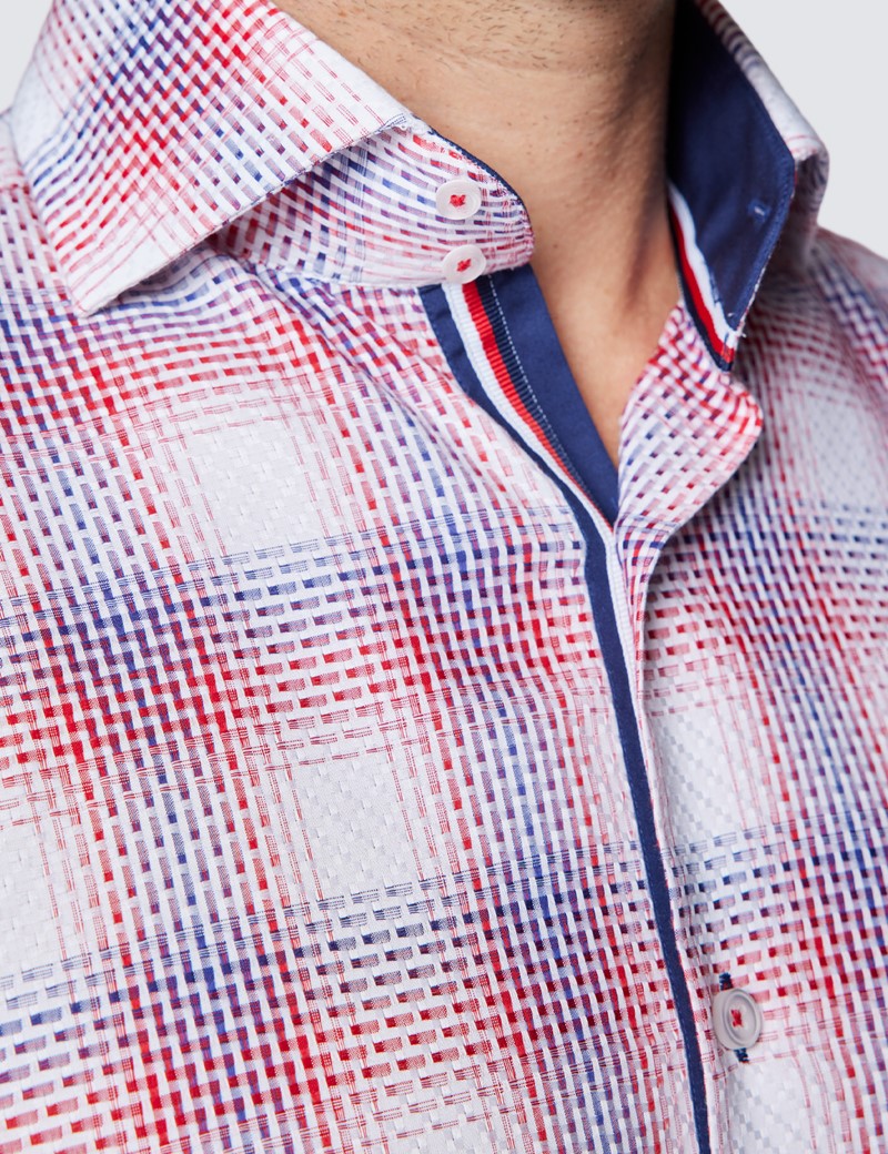 Men's Curtis Red & White York Dobby Check Cotton Shirt - High Collar