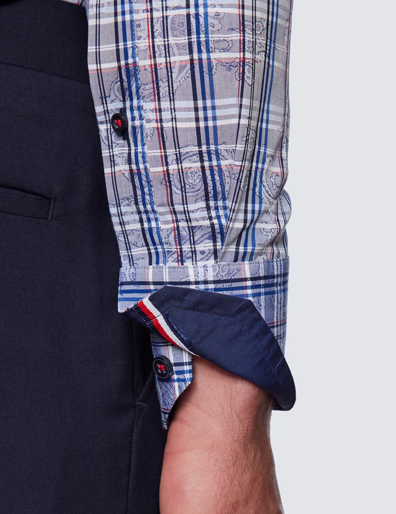 Men's Curtis Grey & Blue Dobby Check Relaxed Slim Fit Shirt - High Collar