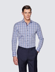Men's Curtis Grey & Blue Dobby Check Relaxed Slim Fit Shirt - High Collar