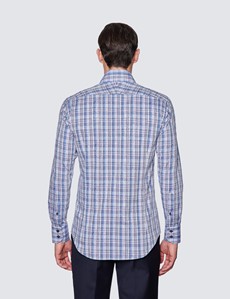 Men's Curtis Grey & Blue Dobby Check Relaxed Slim Fit Shirt - High Collar
